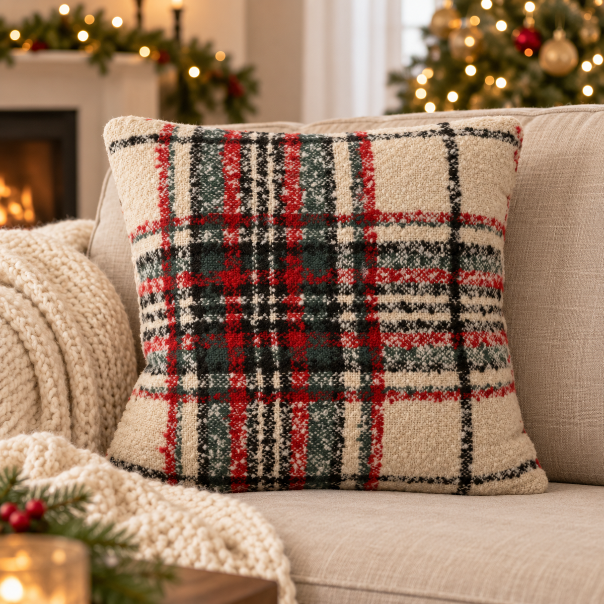 Decoris Kussen ruit ecru rood 45 x 45 cm