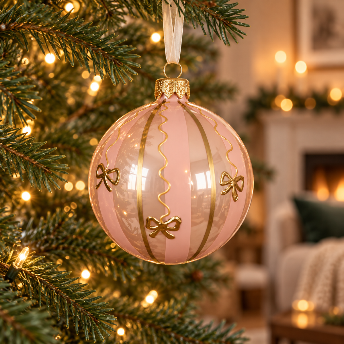 Decoris Kerstbal met Strikjes Roze 8 cm