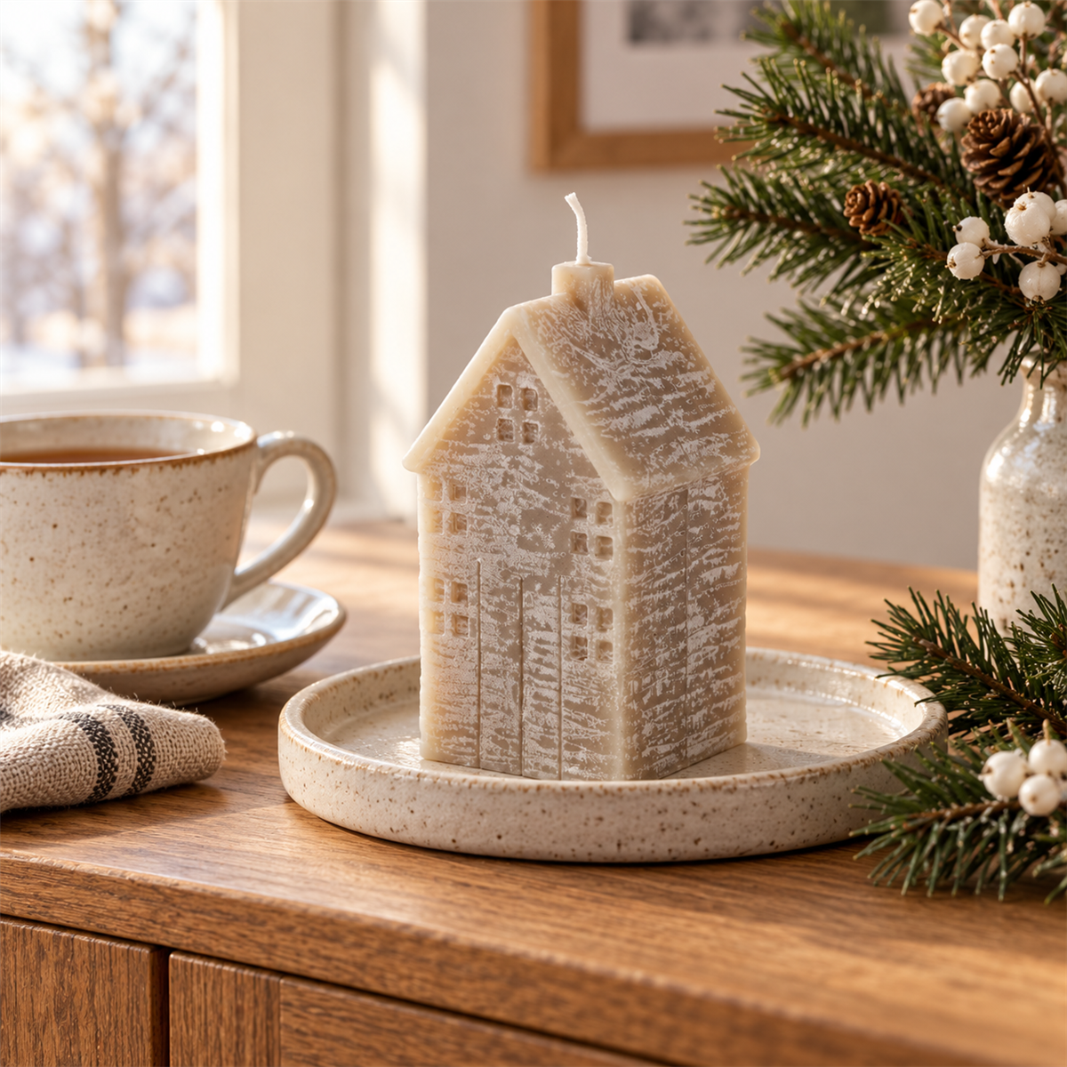 Home Society Kerstkaars Huis M Taupe 11.5 x 5.5 x 5 cm
