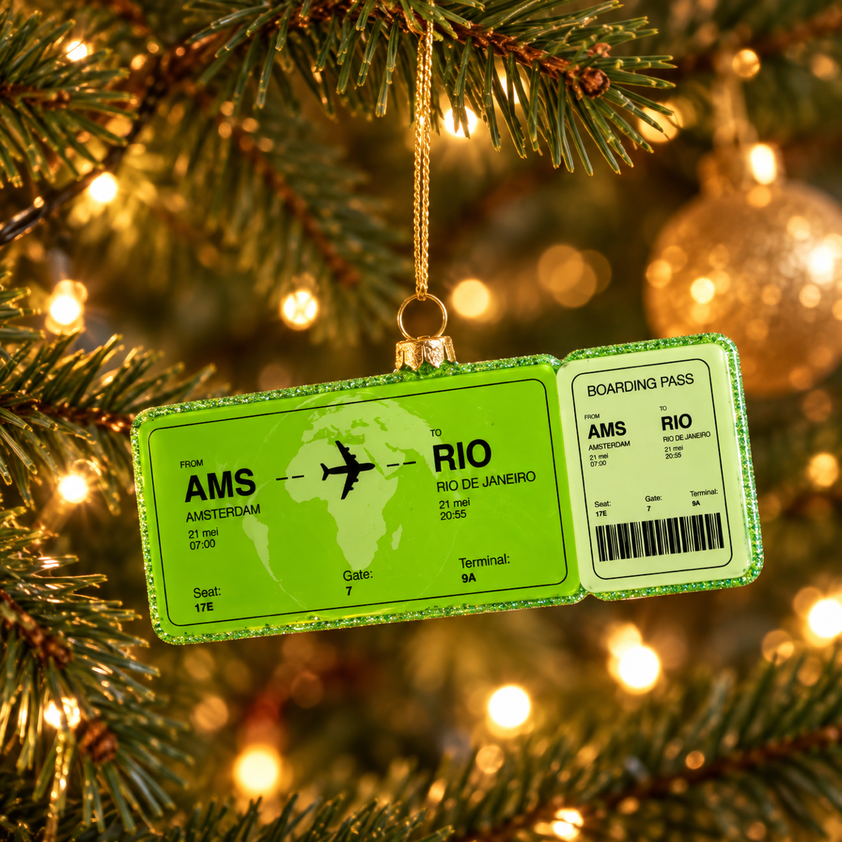 Yup in de boom Kerstornament Boardingpass Amsterdam - Rio de Janeiro Groen 12 x 4.5 x 1.2 cm