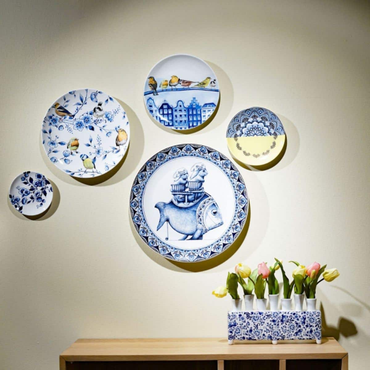 Heinen Delfts Blauw Wandbord Bosvogels In de Stad