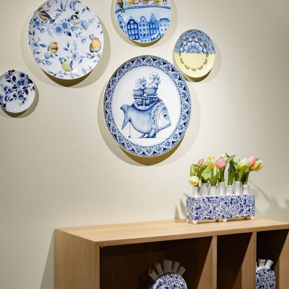 Heinen Delfts Blauw Wandbord Bosvogels In de Stad