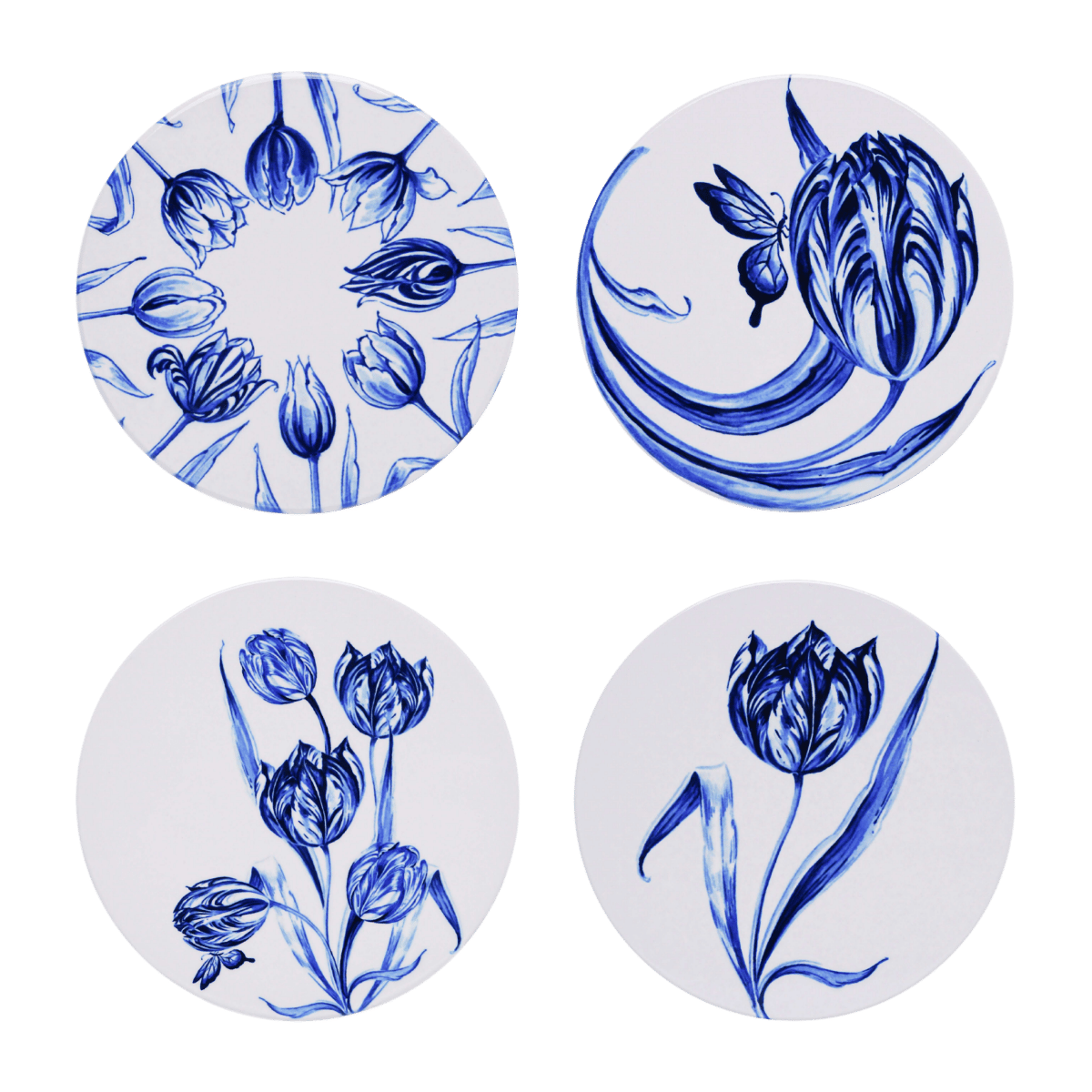Heinen Delfts Blauw Onderzetters Vrolijke tulpen 4 stuks