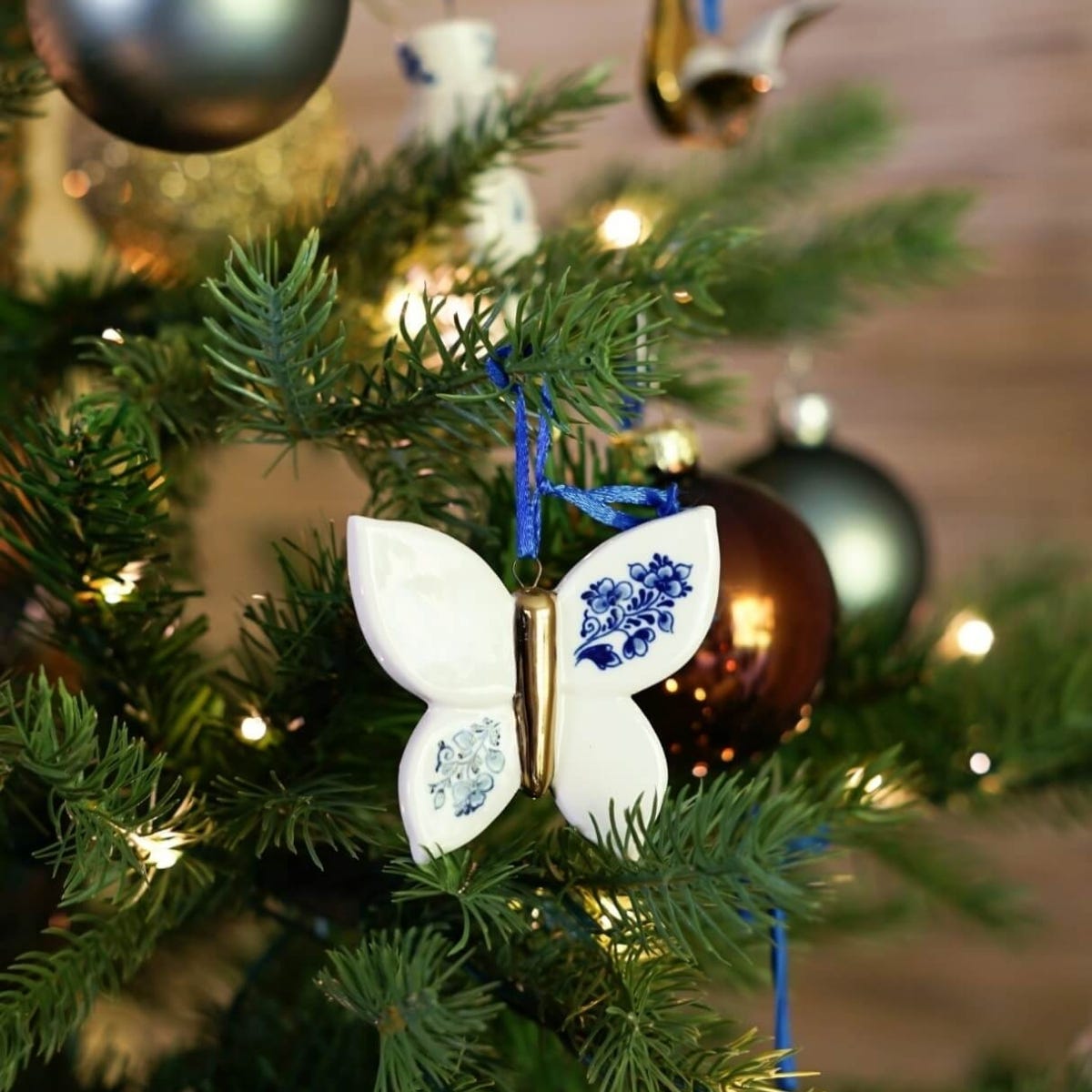 Heinen Delfts Blauw Kerstornament Vlinder Blauw 6 cm