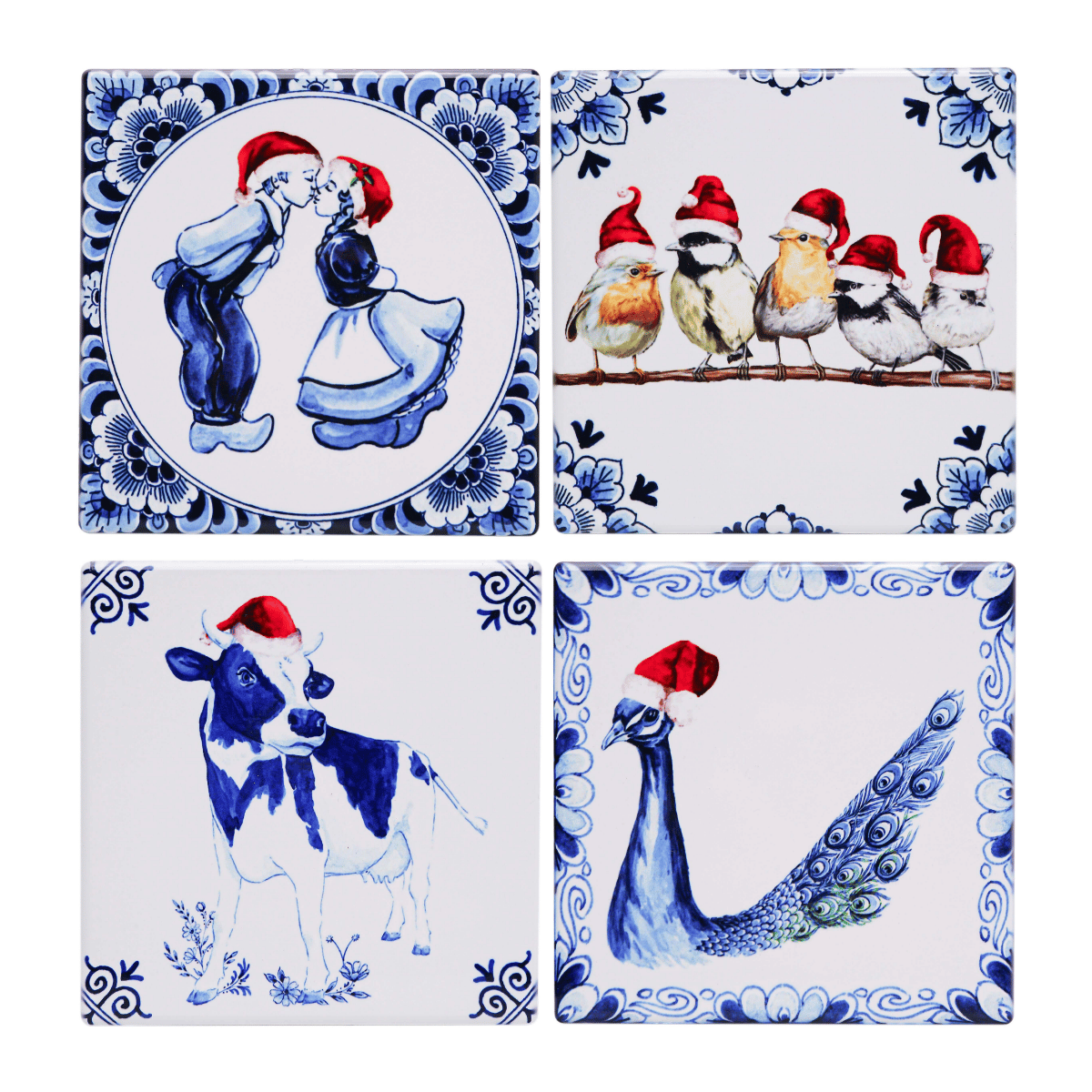 Heinen Delfts Blauw Onderzetters Kerst 4 stuks