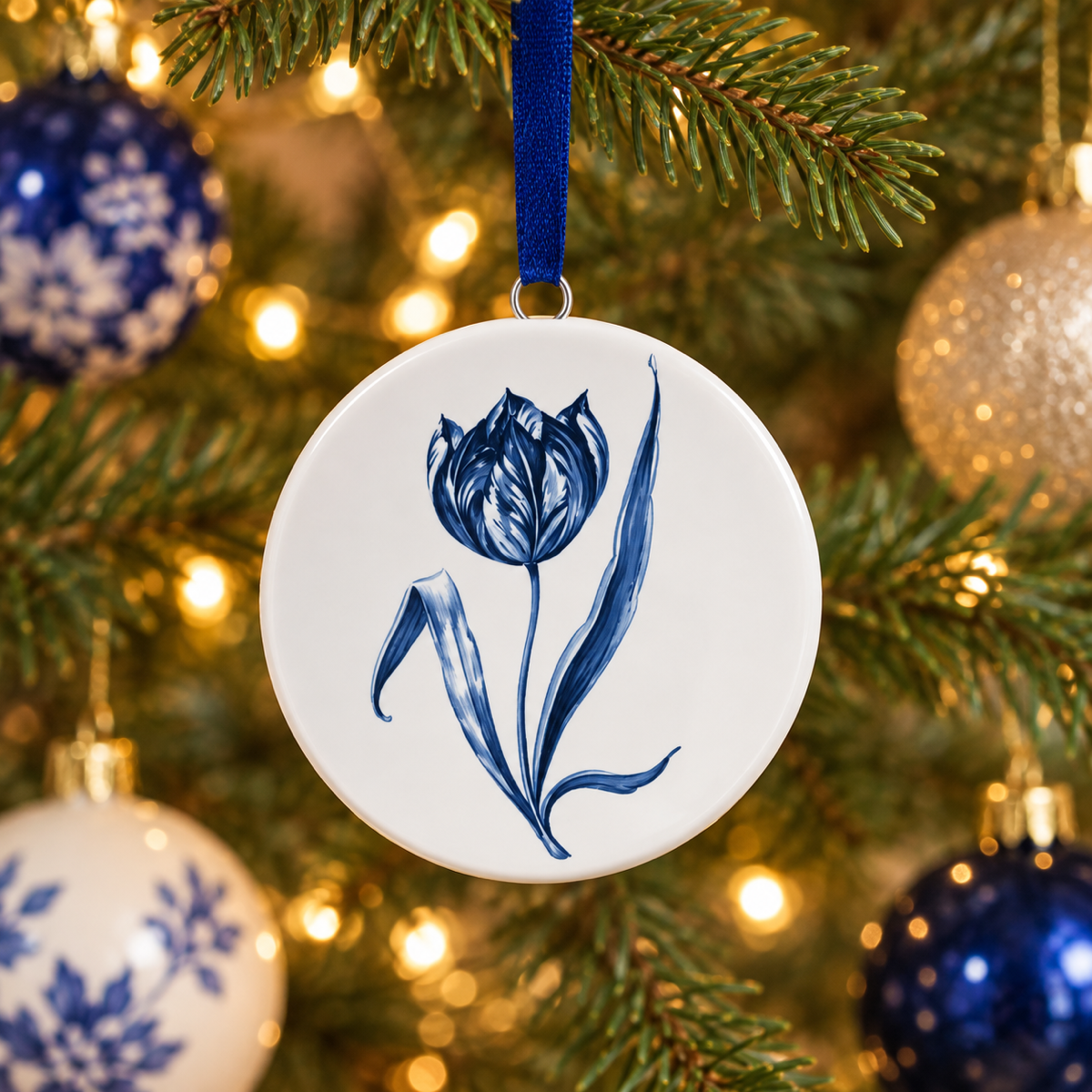 Heinen Delfts Blauw Kerstornament Wandbordje Tulp Blauw Ø 6 x 1 cm