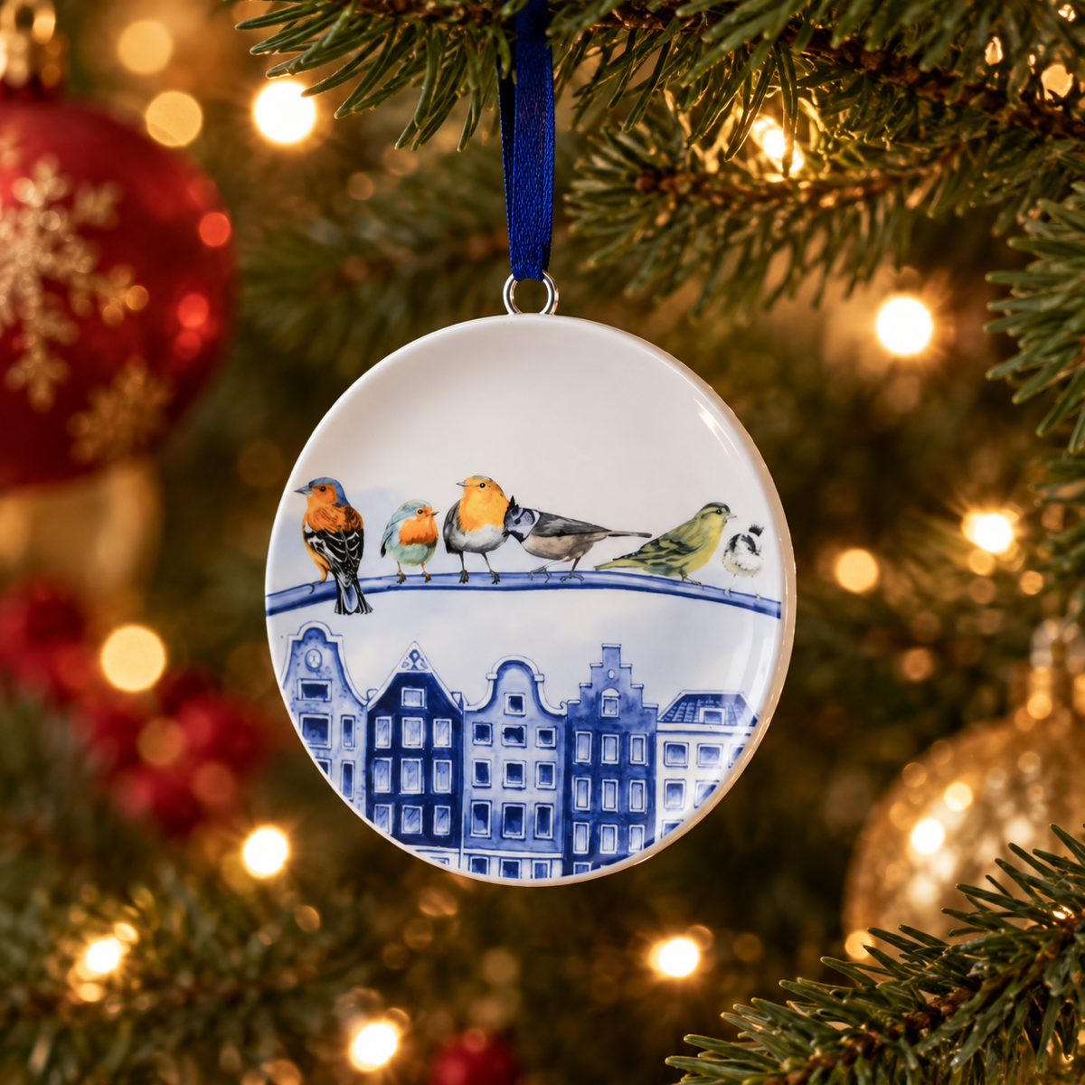 Heinen Delfts Blauw Kerstornament Wandbordje Bosvogels Stad Blauw Ø 6 x 1 cm