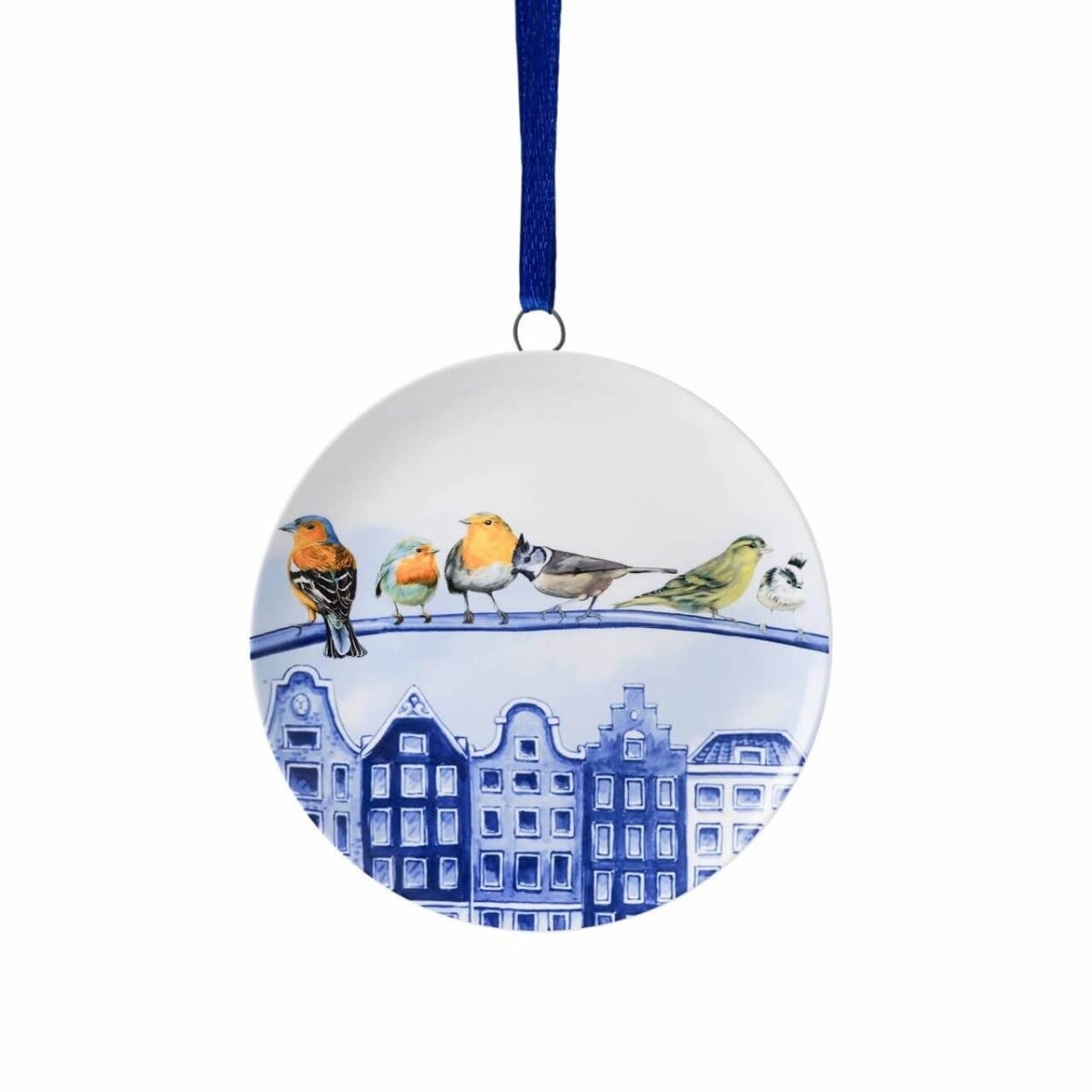 Heinen Delfts Blauw Kerstornament Wandbordje Bosvogels Stad Blauw Ø 6 x 1 cm