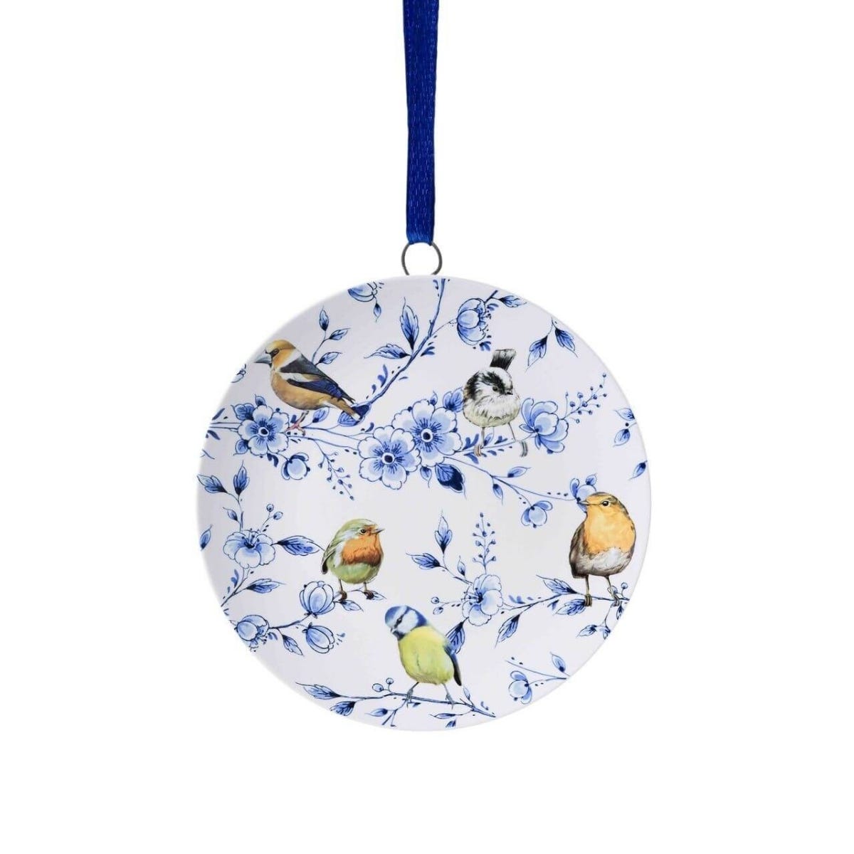 Heinen Delfts Blauw Kerstornament Wandbordje Bosvogels Bloesem Blauw Ø 6 x 1 cm
