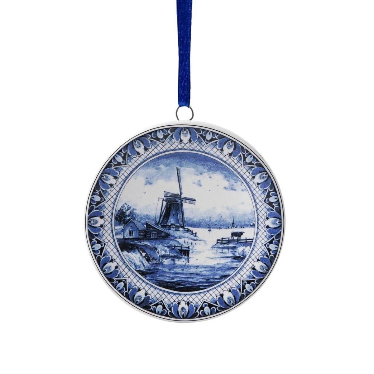 Heinen Delfts Blauw Kerstornament Wandbordje Molen Blauw Ø 6 x 1 cm