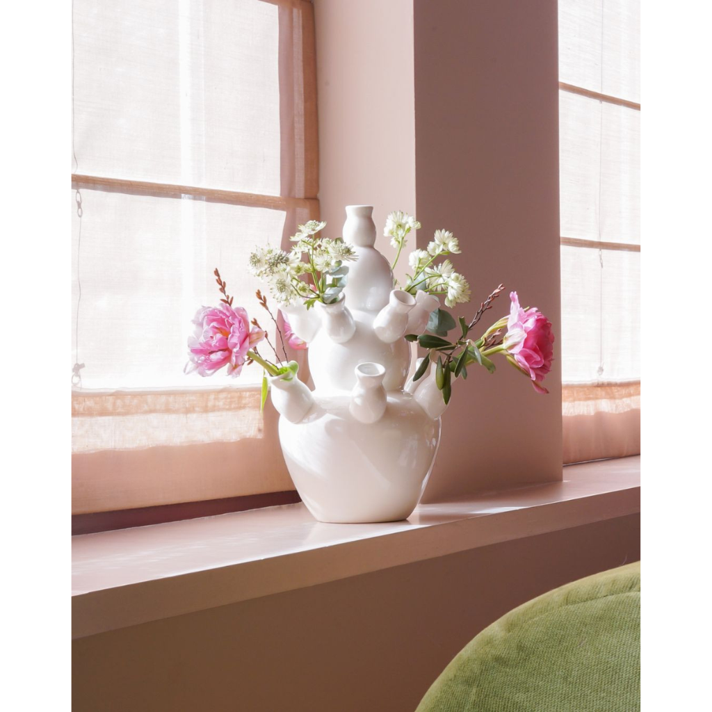 Heinen Delfts Blauw Tulpenvaas Keramiek Wit 35 x 21 cm