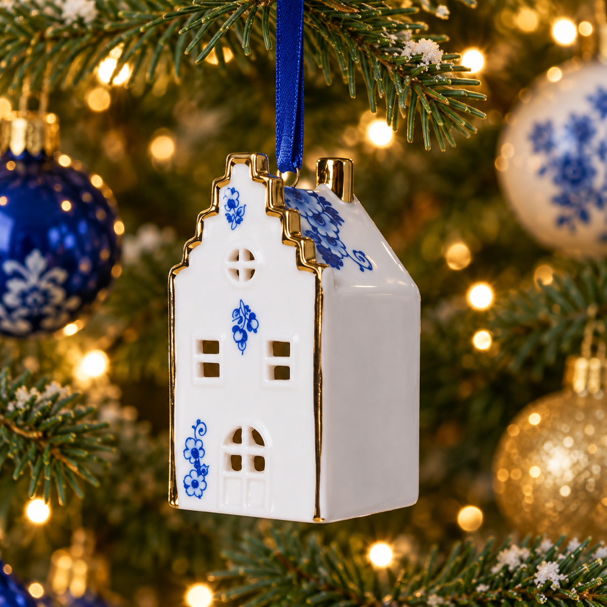 Heinen Delfts Blauw Kerstornament Huisje Trapgevel Blauw 4.5 x 4 x 8 cm
