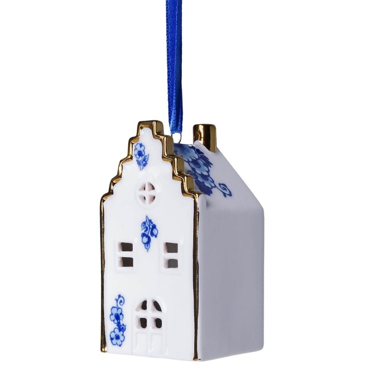 Heinen Delfts Blauw Kerstornament Huisje Trapgevel Blauw 4.5 x 4 x 8 cm