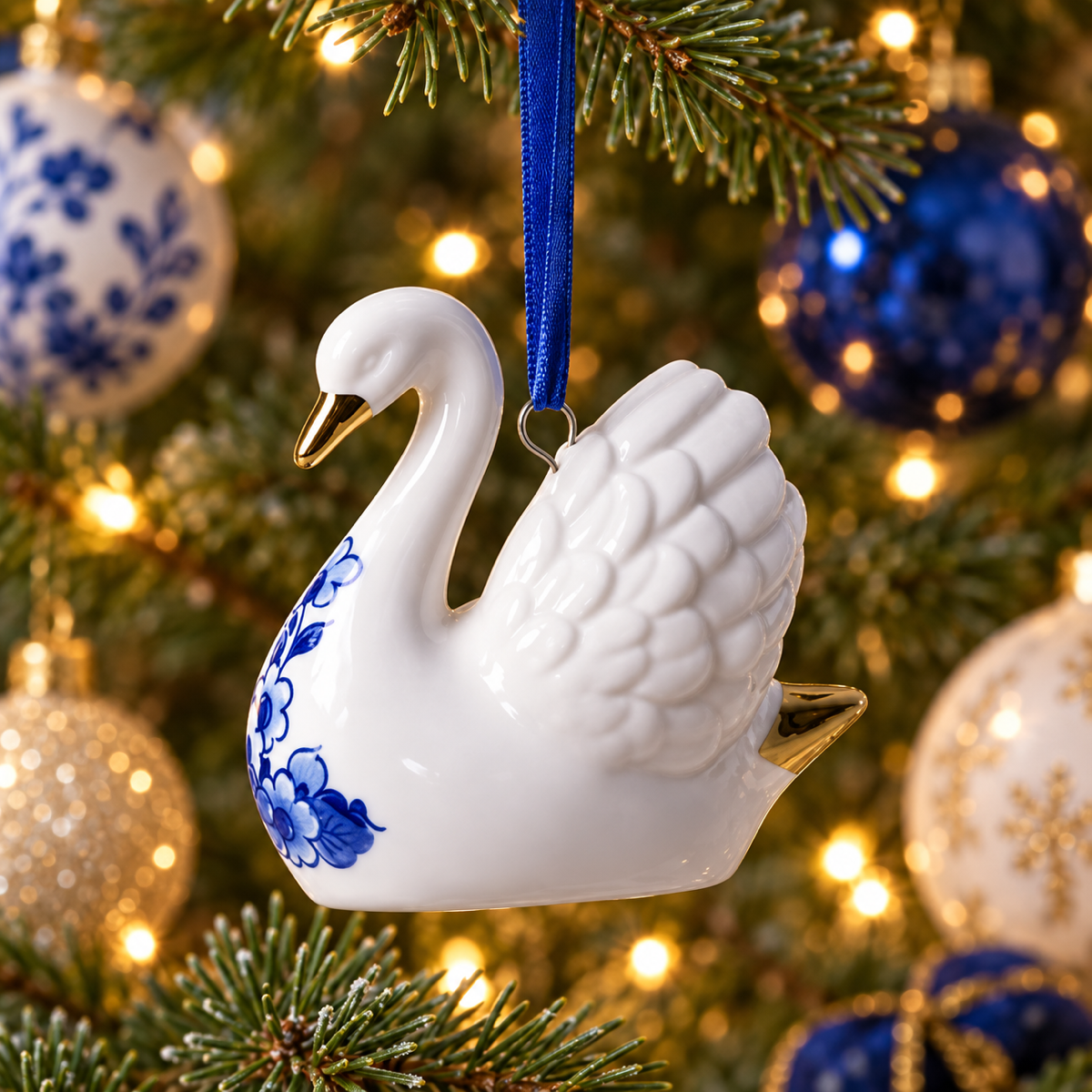 Heinen Delfts Blauw Kerstornament Zwaan Blauw 6.5 x 3.5 x 5.8 cm