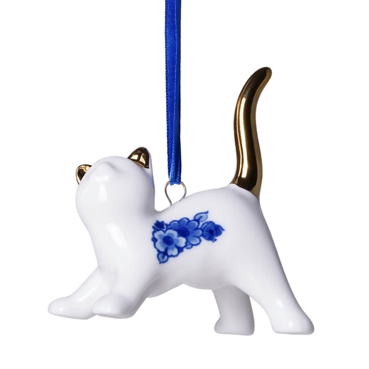 Heinen Delfts Blauw Kerstornament Kat Speels Blauw 5.8 x 4 x 7 cm