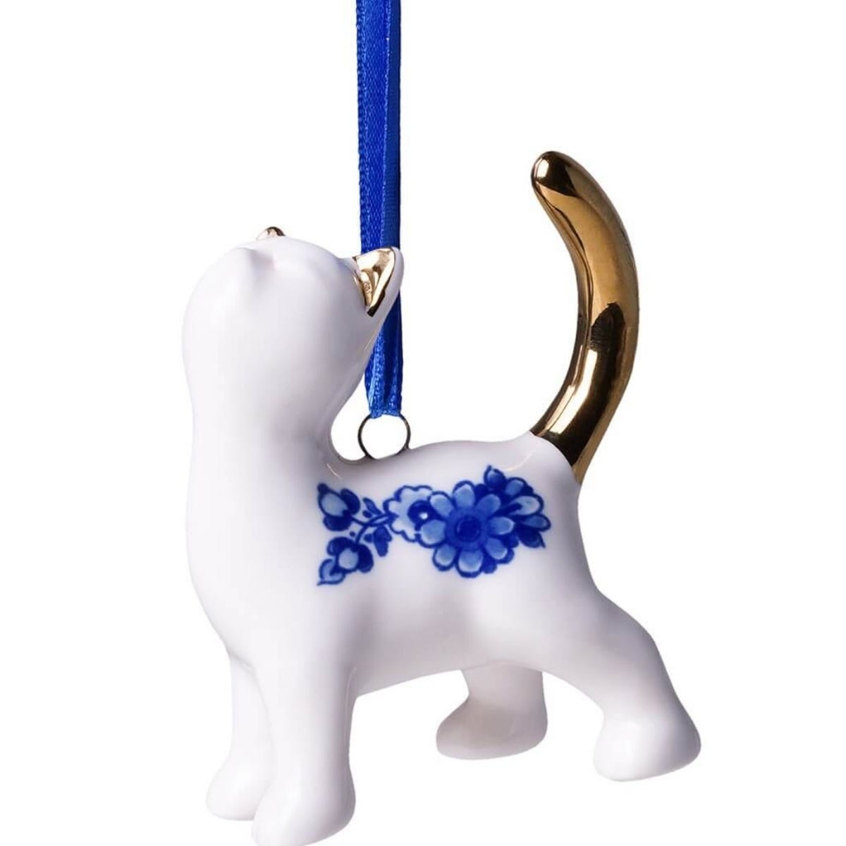 Heinen Delfts Blauw Kerstornament Kat Bedelen Blauw 4.5 x 3 x 6.5 cm