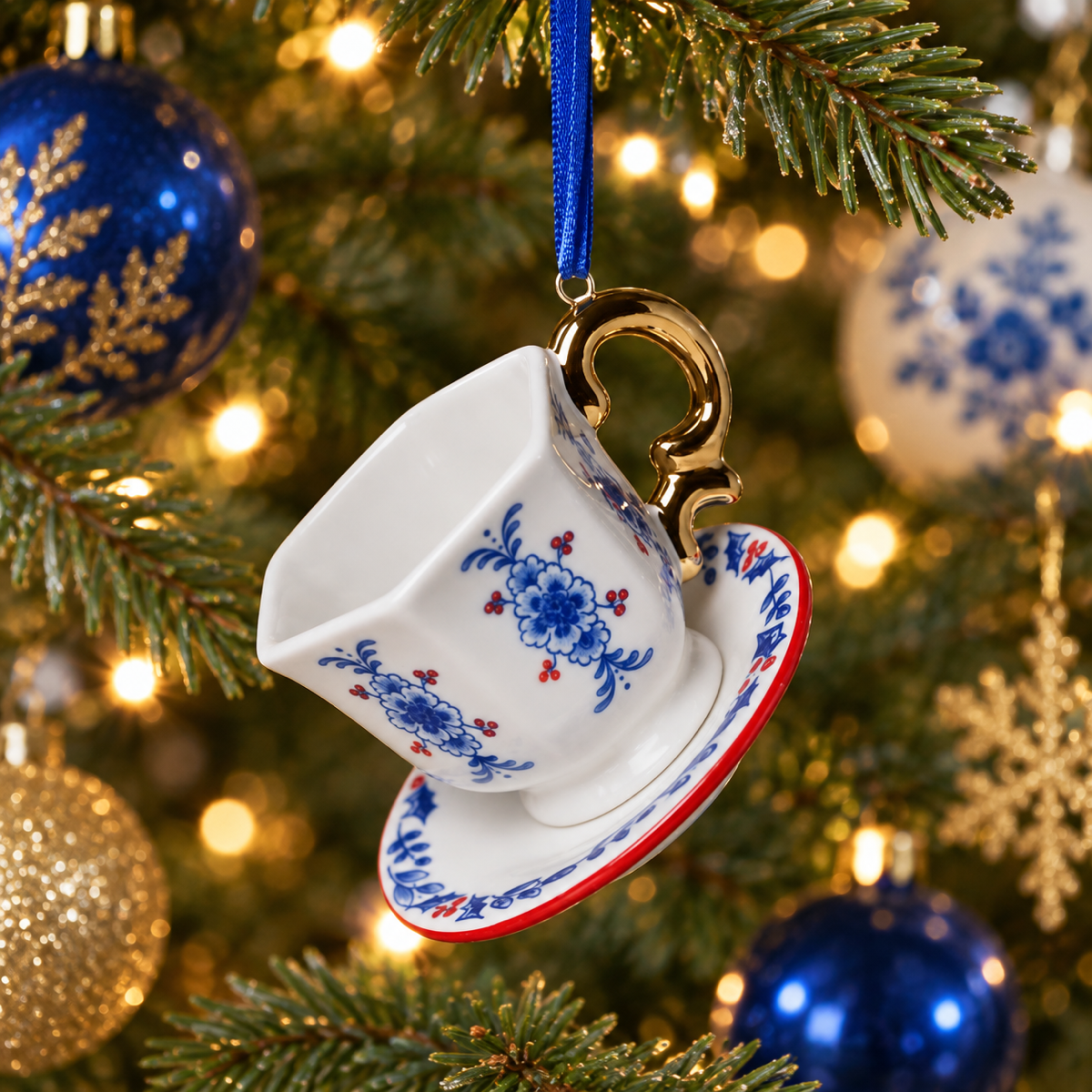 Heinen Delfts Blauw Kerstornament Theekopje Blauw 5 x 9.5 cm