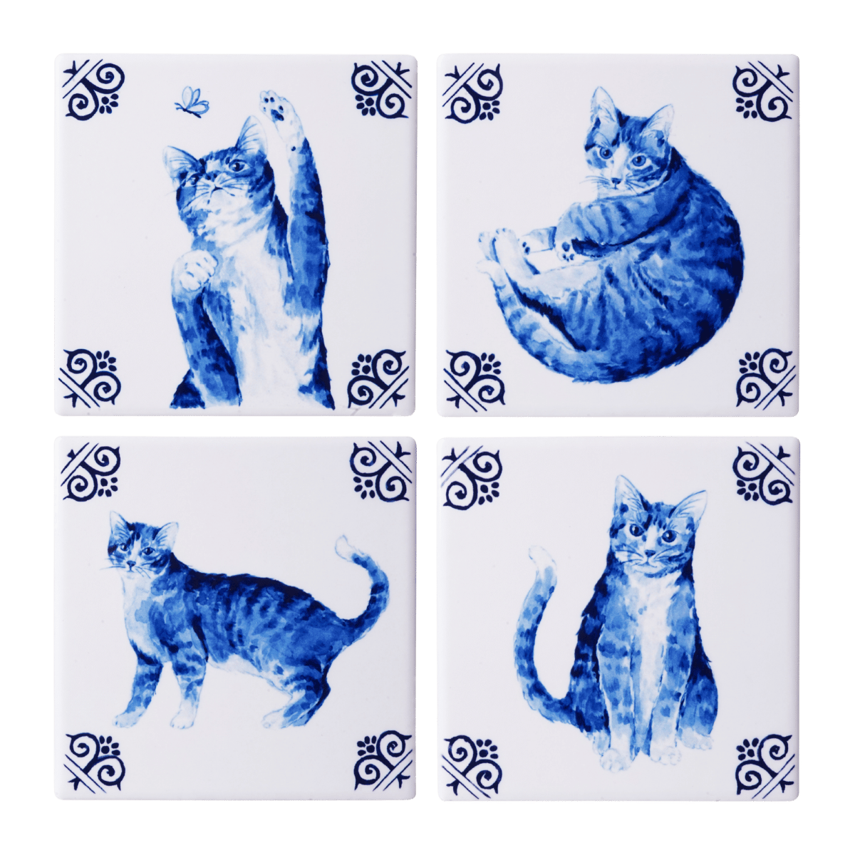 Heinen Delfts Blauw Onderzetters Lieve Kat Set van 4