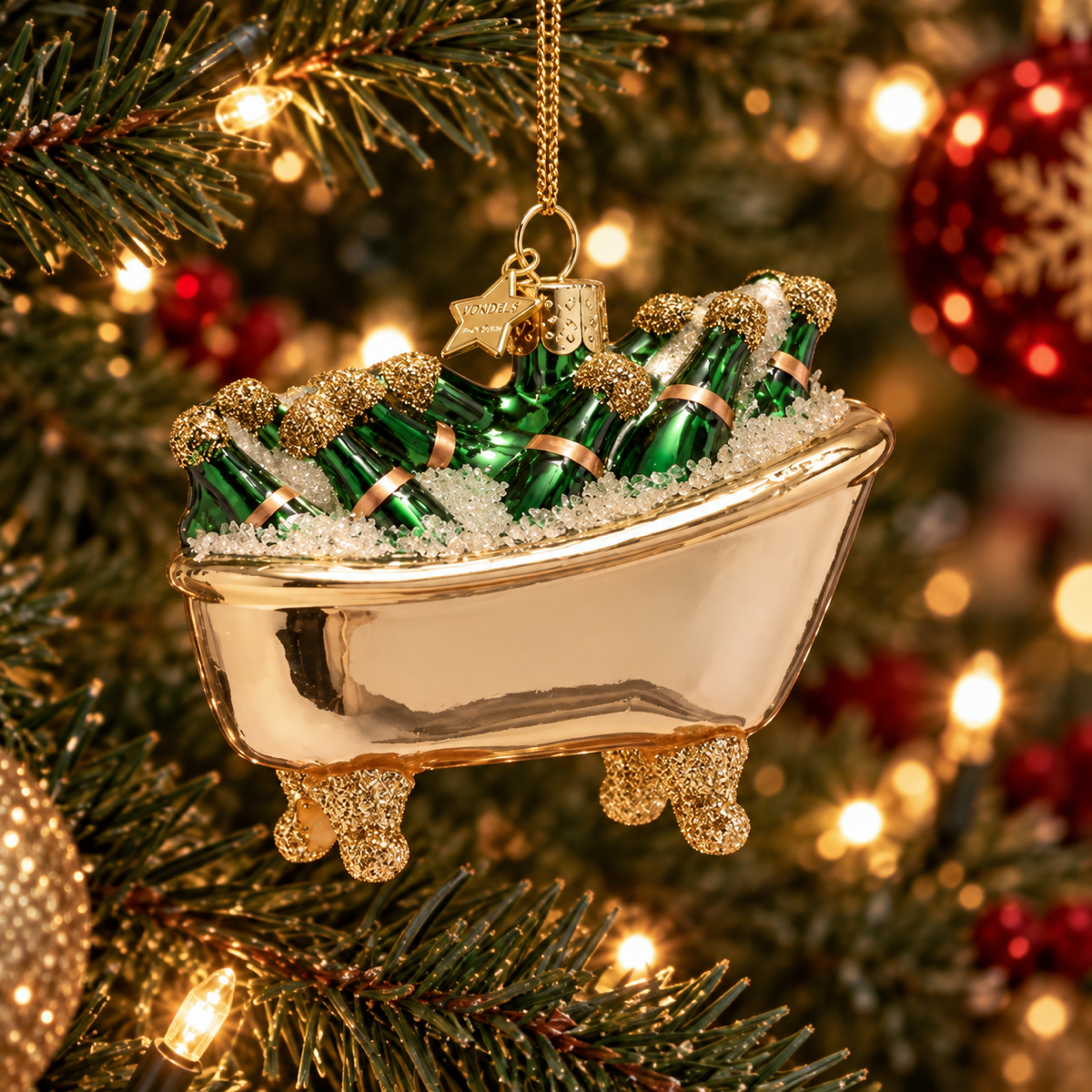 Vondels Kerstornament badkuip met flessen Goud 9 x 5 x 7 cm