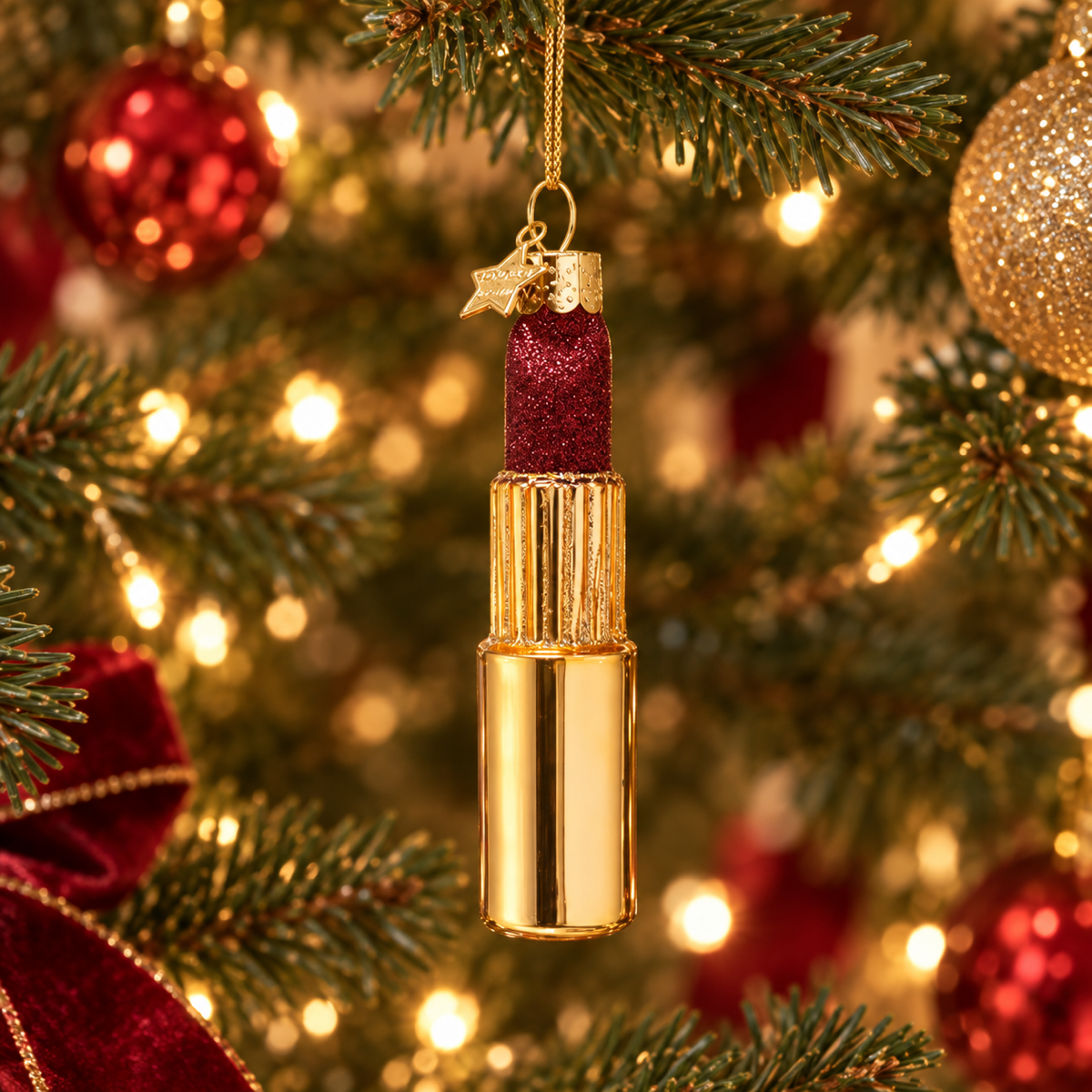 Vondels Kerstornament glitter lipstick Goud 3 x 3 x 11 cm