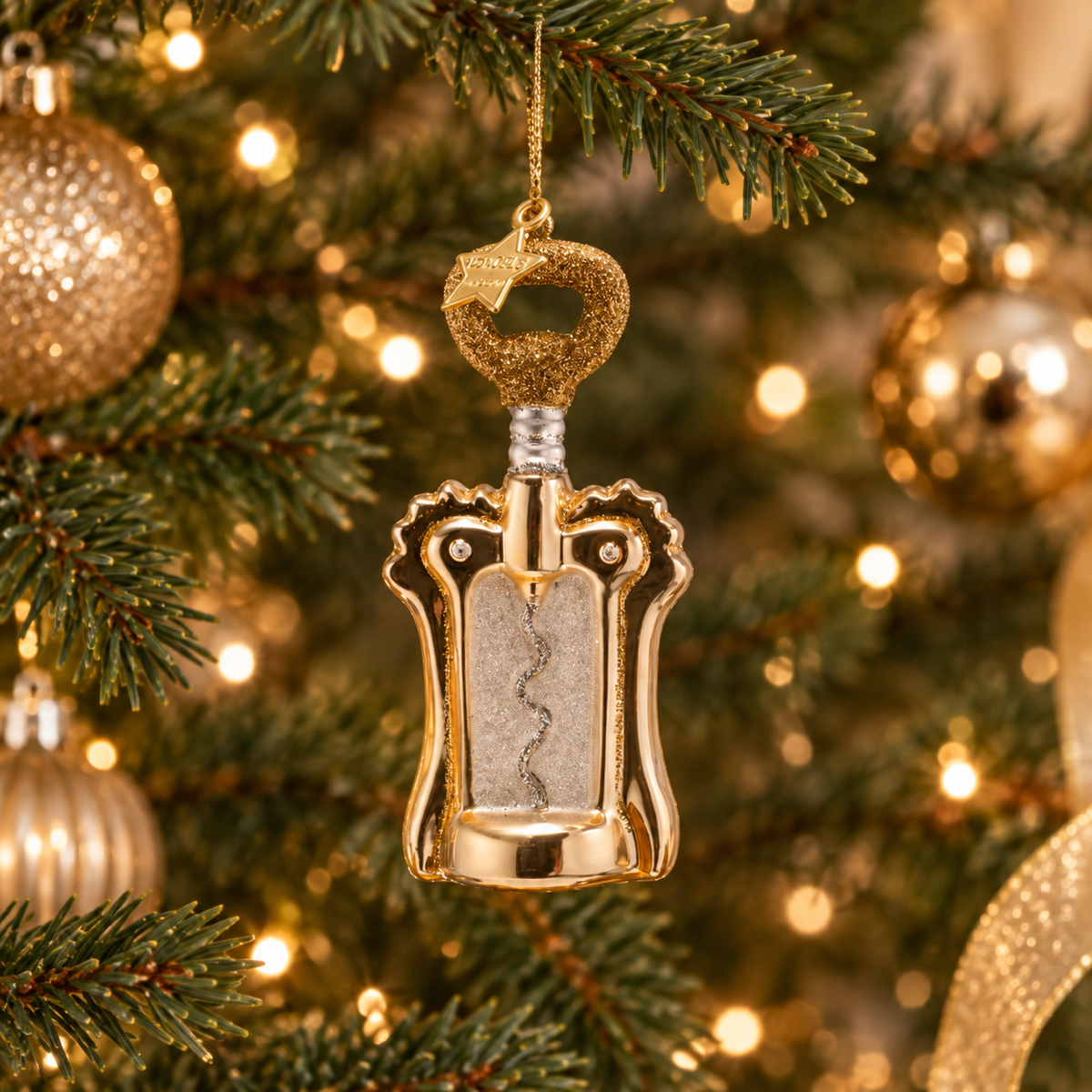 Vondels Kerstornament flesopener Goud 5 x 3.5 x 10.5 cm
