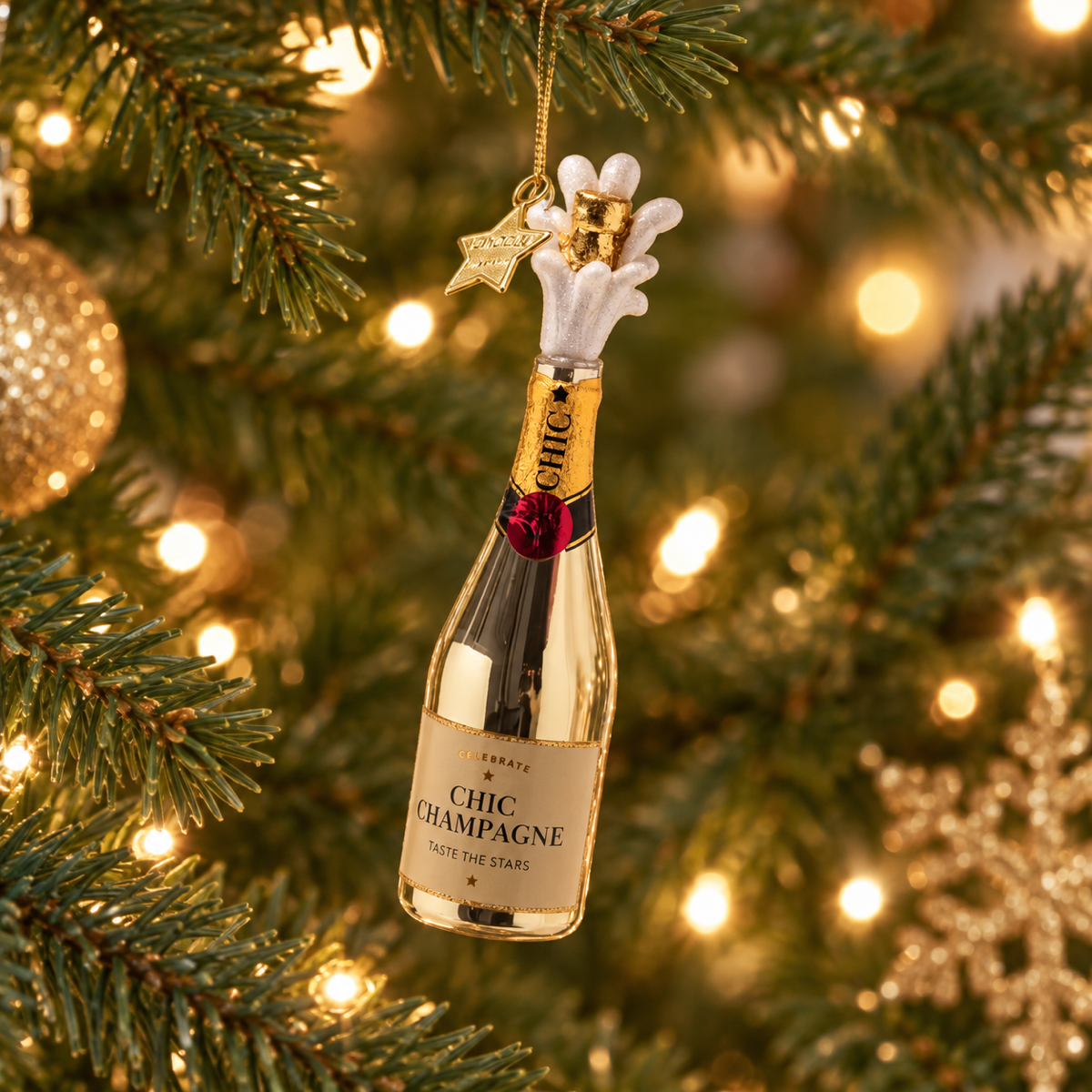 Vondels Kerstornament poppende champagnefles Goud 4 x 4 x 16.5 cm