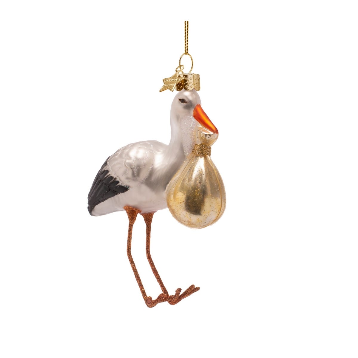 Vondels Kerstornament ooievaar met baby Goud 9 x 4.5 x 11.5 cm