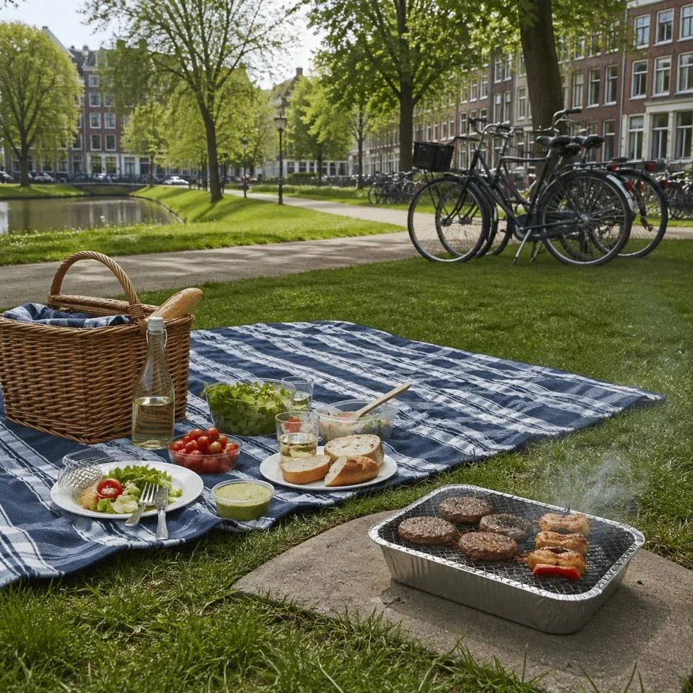 Picknickkleed in parkje met een wegwerpbarbecue