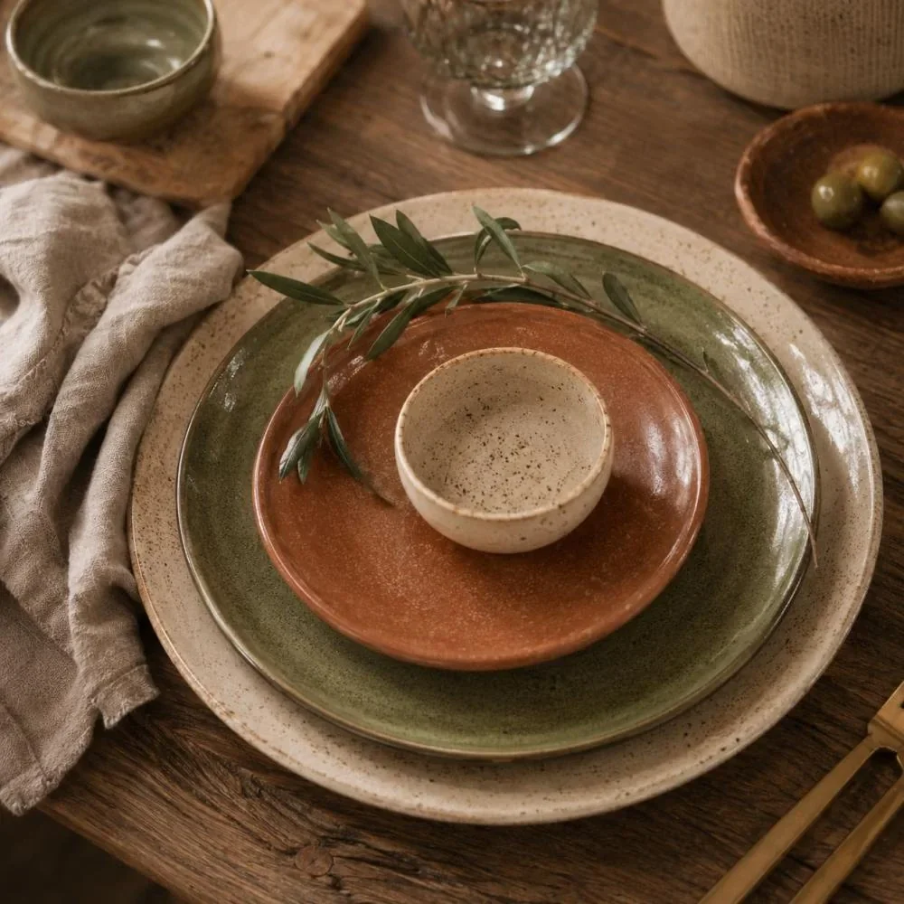 Servies kleur inspiratie met beige groen en terracotta borden