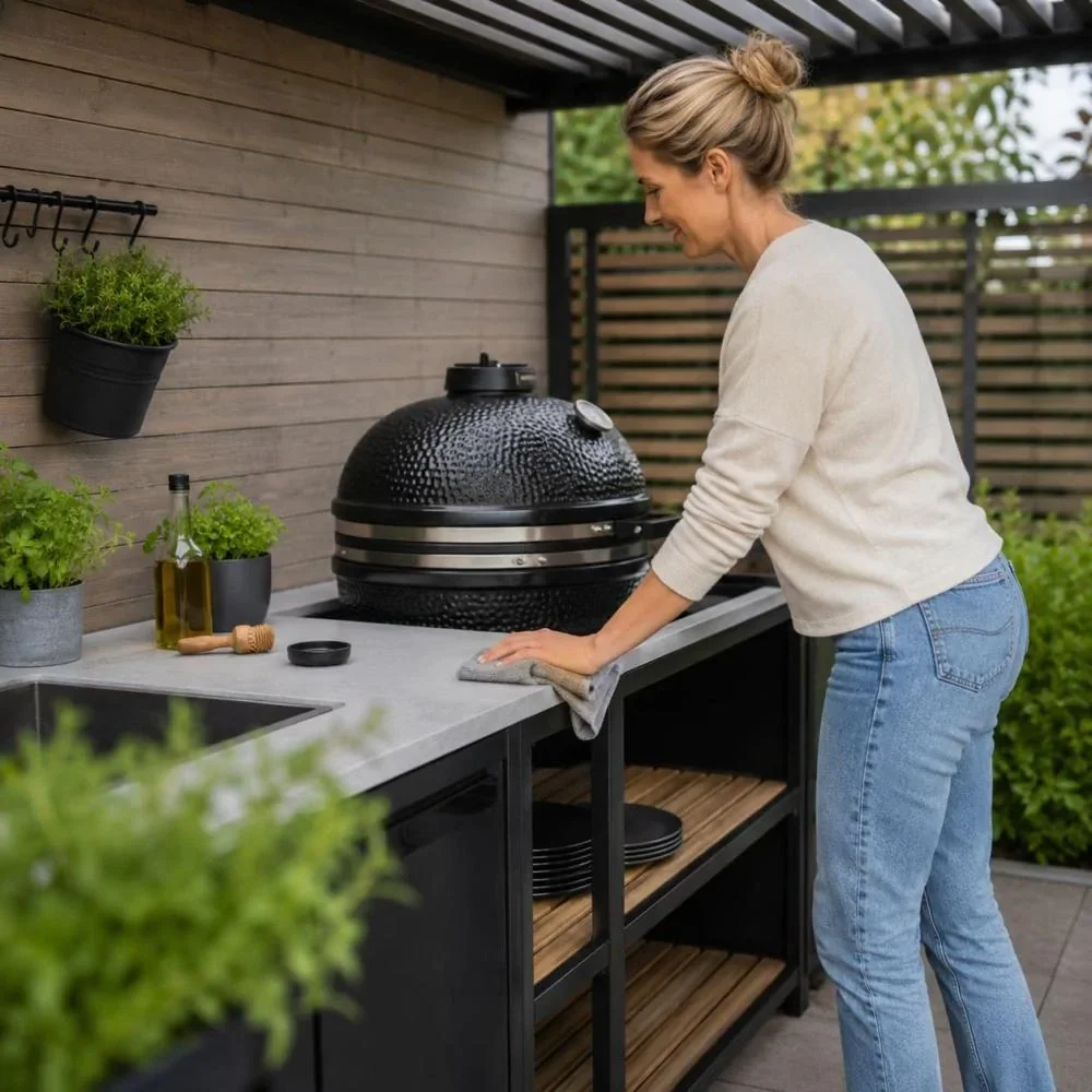 vrouw die buitenkeuken schoonmaakt