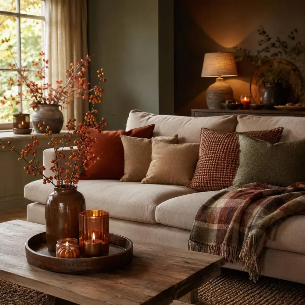 knusse woonkamer met herfst decoraties