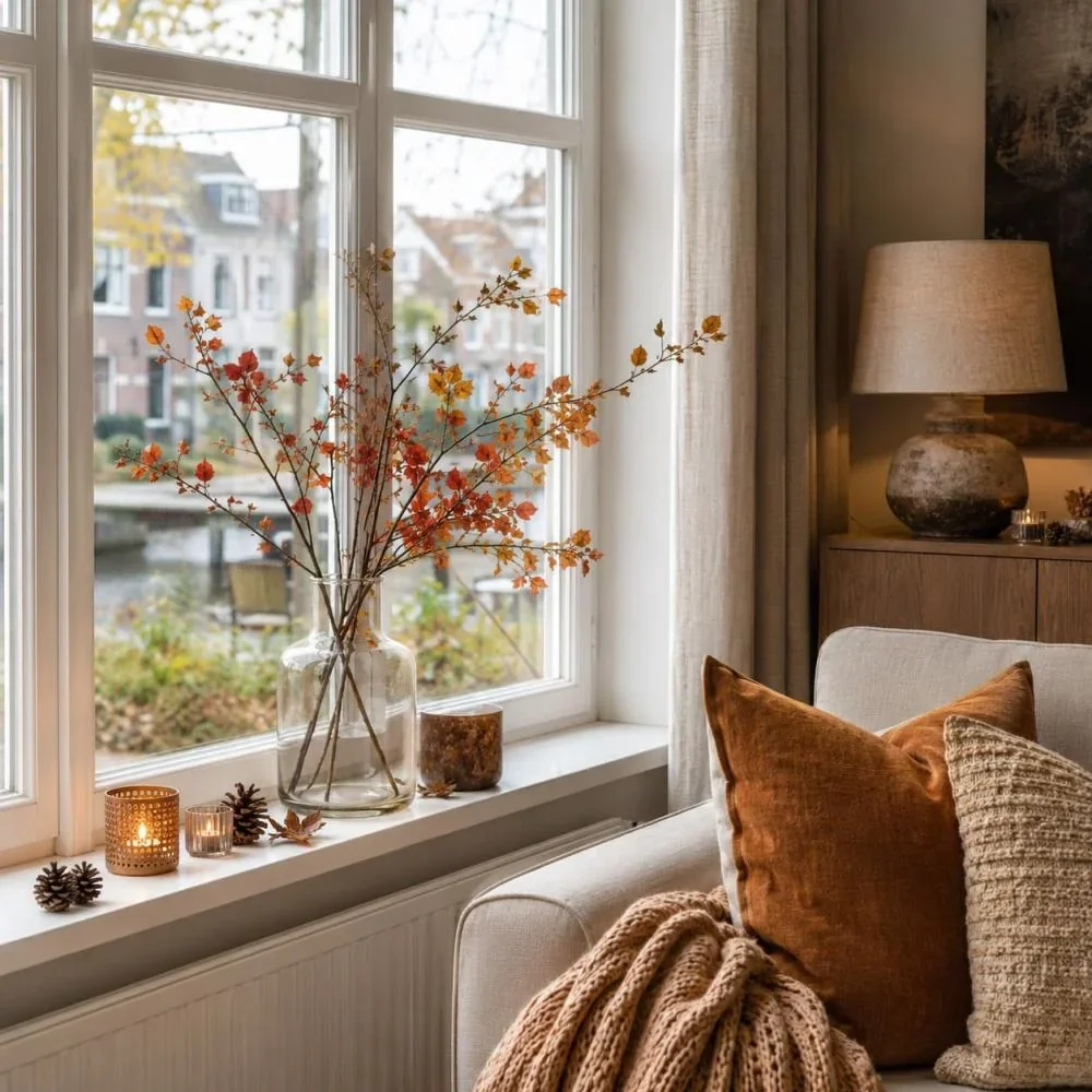 herfstdecoraties in een woonkamerraam