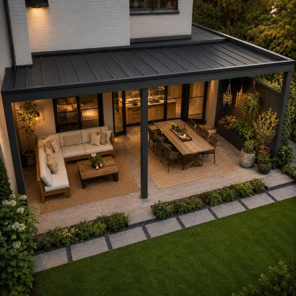 Overkapping indelen met loungehoek, eethoek en planten