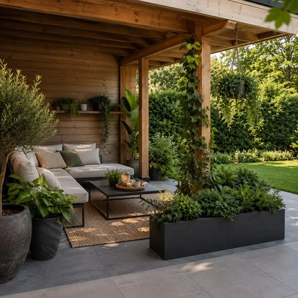 Gezellig ingerichte terrasoverkapping met planten als sfeermaker