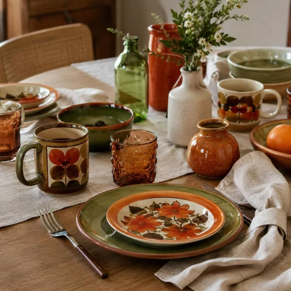 Retro servies trend 2026 met gekleurde mokken en borden