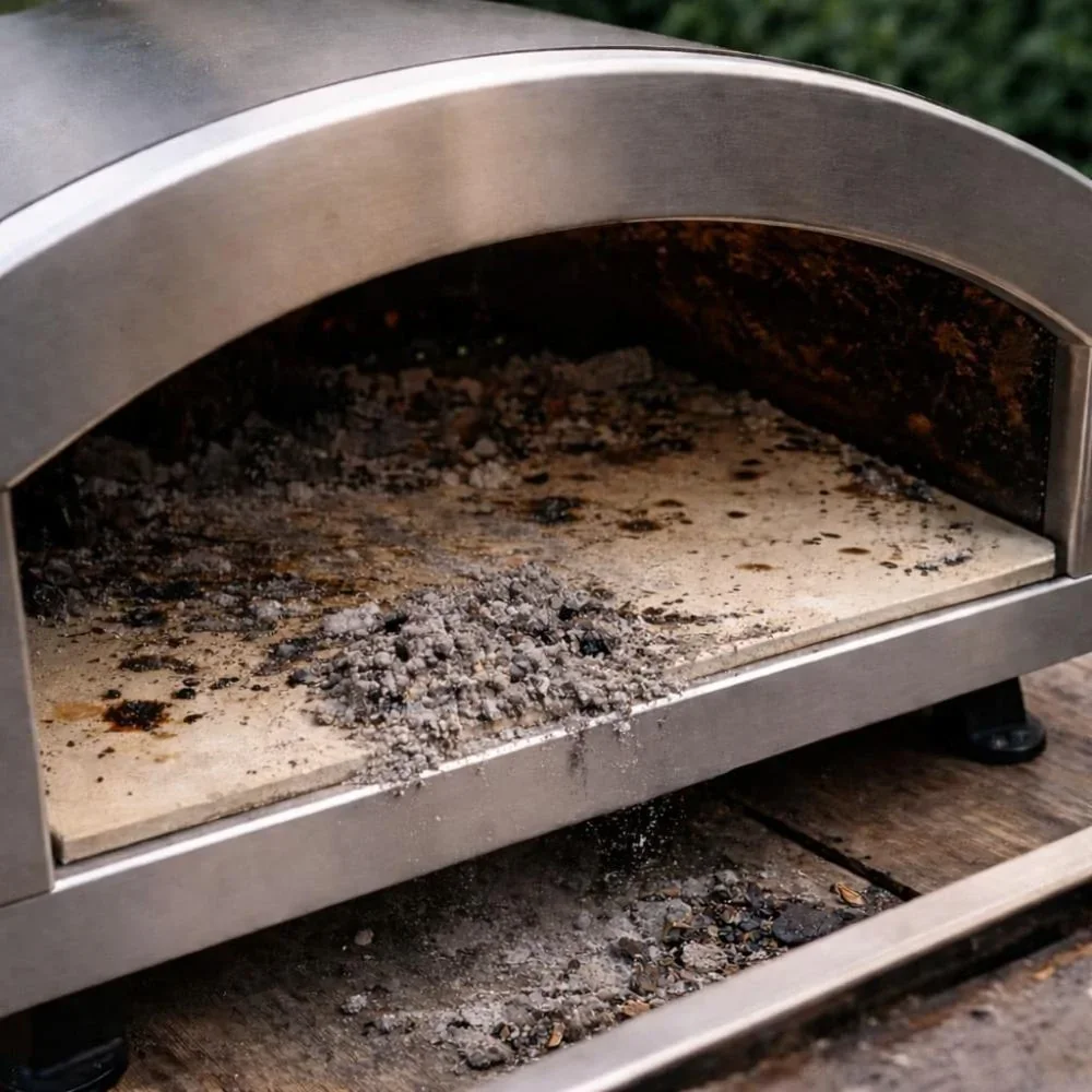 Een gebruikte pizzaoven met as erin