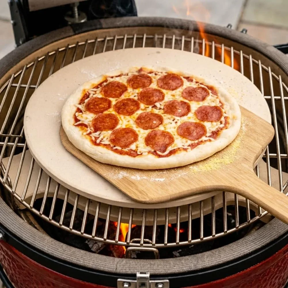 Kamado met een pizzasteen waarop een pizza gelegd wordt