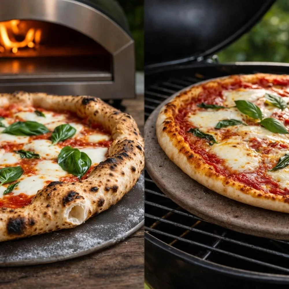 Pizza uit een pizzaoven versus pizza uit een bbq met pizzasteen