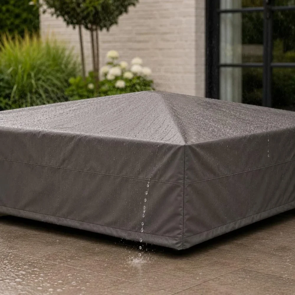Regenwater loopt van een goed gespannen tuinmeubelhoes af