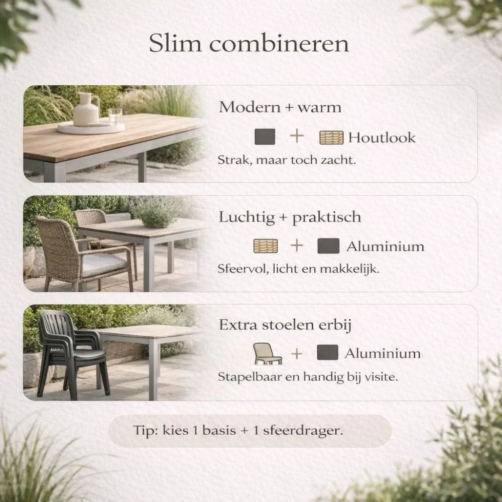 Visualisatie van tuinmeubelmaterialen combinaties en de sfeer die het geeft