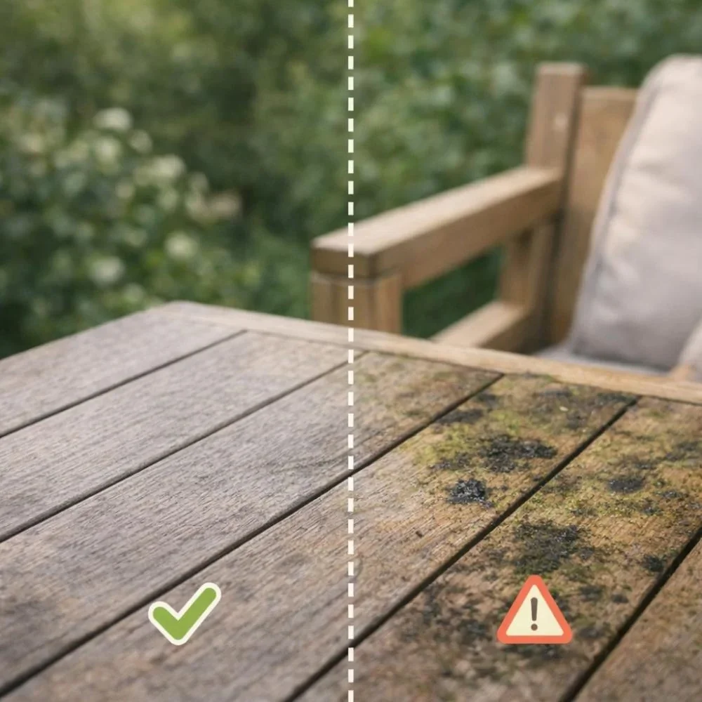 Verschil tussen een vergrijsde houten tuintafel en een rotte houten tuintafel