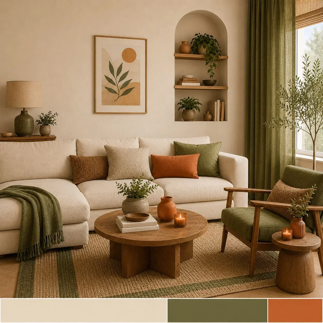 Voorbeeld van de 60-30-10-regel met beige, groen en terracotta in de woonkamer.
