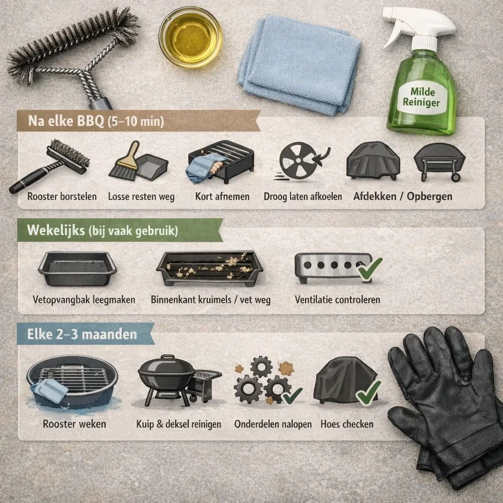 Routine infographic voor het schoonmaken en onderhouden van een barbecue