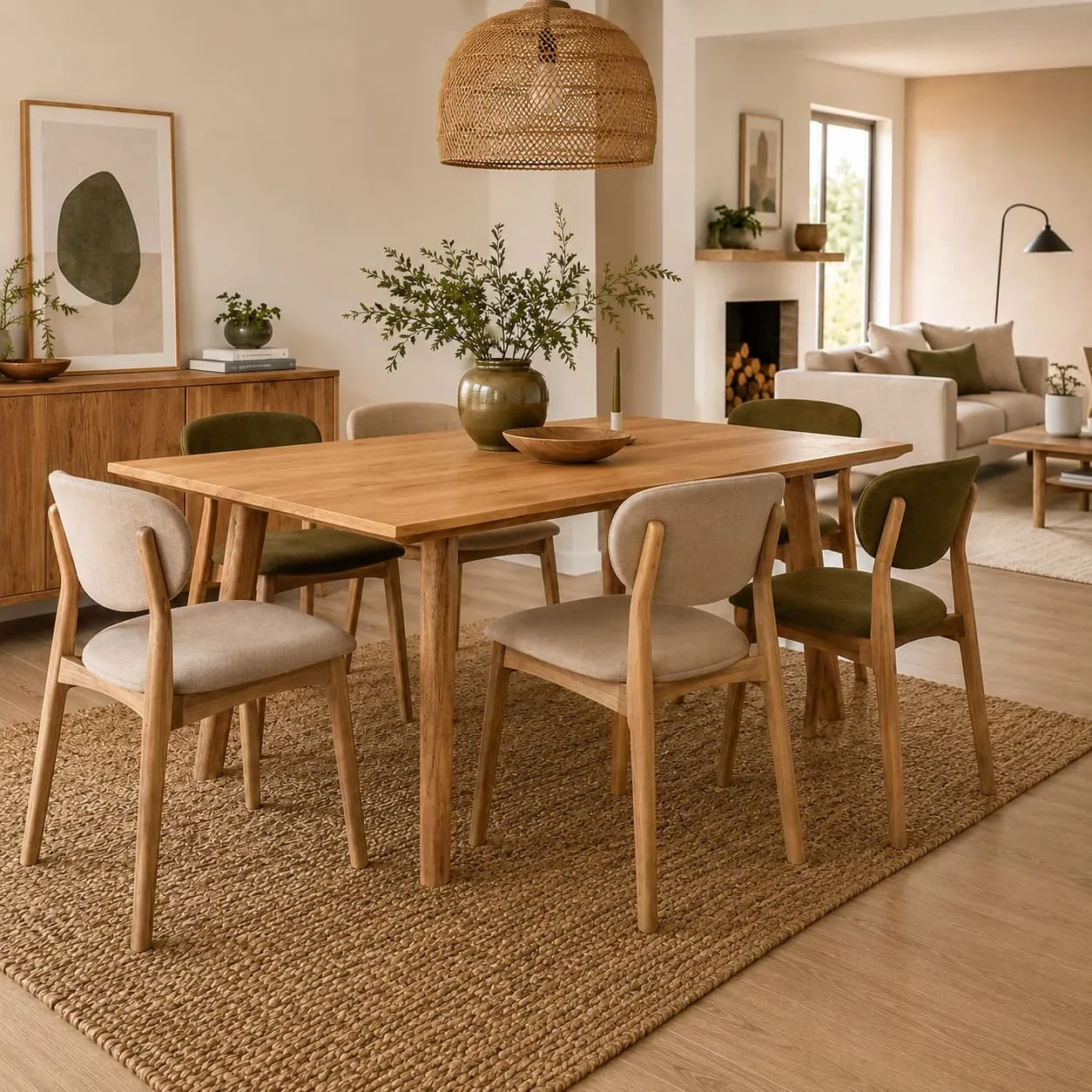 Eetkamerstoelen in verschillende kleuren combineren aan een houten eettafel.