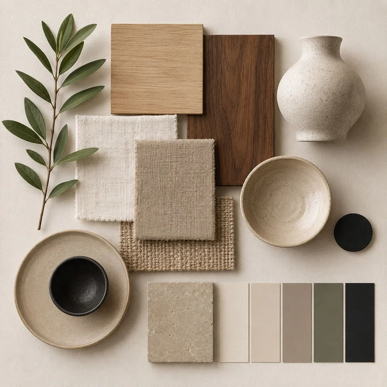 Japandi moodboard met natuurlijke materialen, rustige kleuren en keramiek.