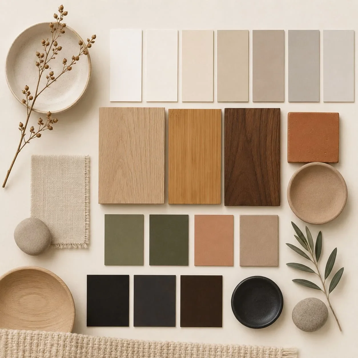 Kleurenpalet voor Japandi interieur met beige, taupe, hout en zwarte accenten.