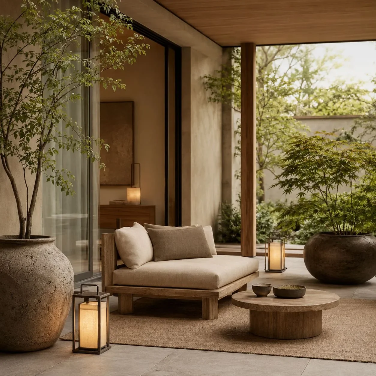 Japandi tuin met houten meubels, rustige kleuren, groene planten en sfeervolle lantaarns.