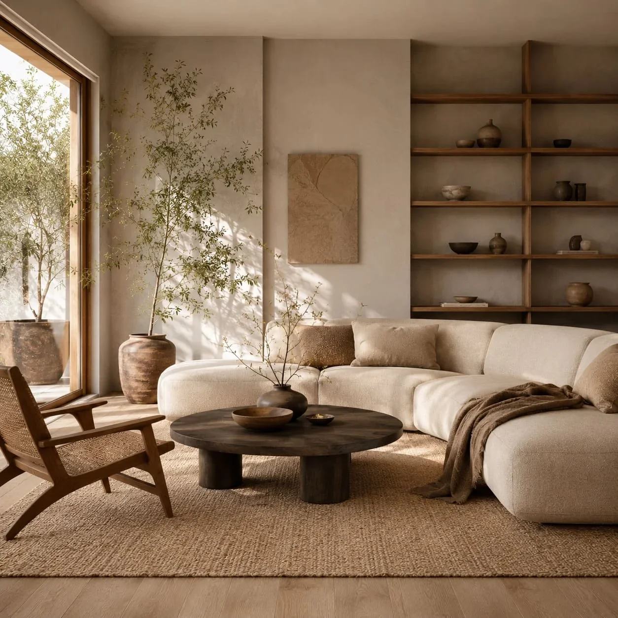 Japandi woonkamer met natuurlijke kleuren, zachte bank en houten bijzettafel.