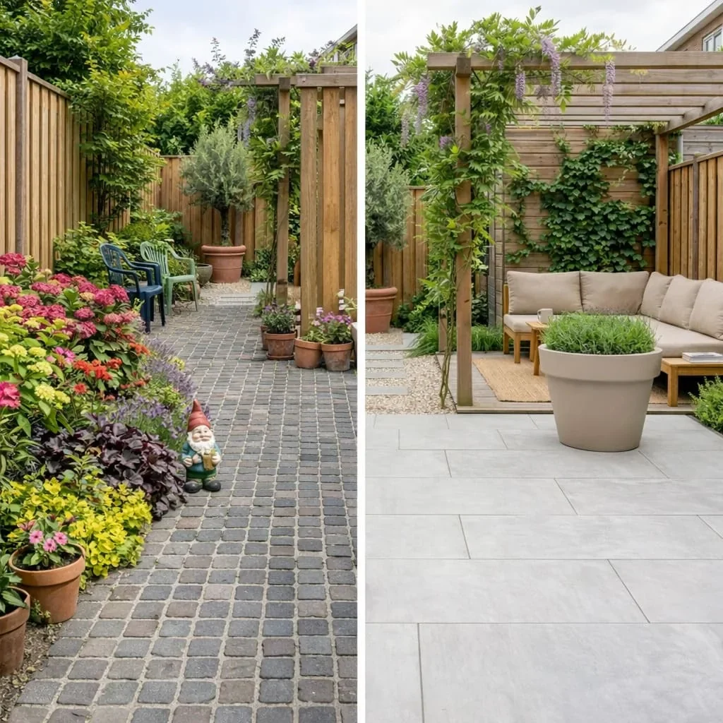 Kleine tuin met kleine stenen en veel kleuren versus kleine tuin met grote tegels en neutrale kleuren