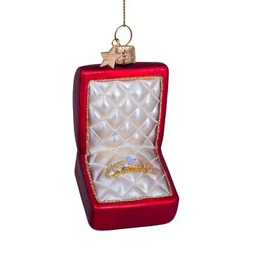 Vondels Kersthanger rood mat trouwring doosje met diamant 9 cm
